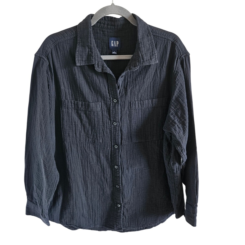 Gap Womens Black Double Gauze Cotton Button Down Shirt Long Sleeve Large 1859446